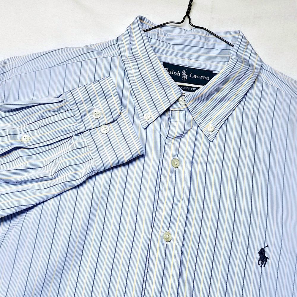 Ralph Lauren Button Down Shirt Mens 16.5 34/35 Blue Striped Classic Fit Cotton